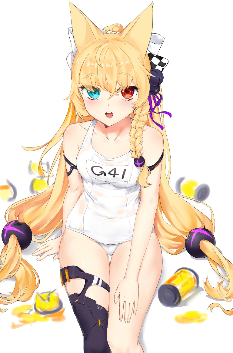 1girl animal_ears bangs blonde_hair blue_eyes bow braid breasts character_name collarbone eyebrows_visible_through_hair g41_(girls_frontline) girls_frontline hair_bow hair_ornament hair_ribbon hand_on_floor hand_on_leg heterochromia kir_(khw66136132) long_hair looking_at_viewer open_mouth red_eyes ribbon school_swimsuit sitting sitting_on_floor small_breasts solo swimsuit white_background white_swimsuit