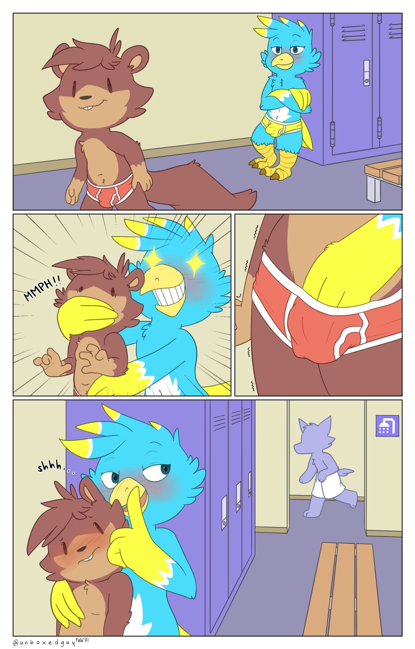 The Big ImageBoard (TBIB) - absurd res anthro avian beak bird bo (nutty bo)  briefs bulge clothing comic feathers feet fur hand in underwear hi res  locker room male mammal nude nutty