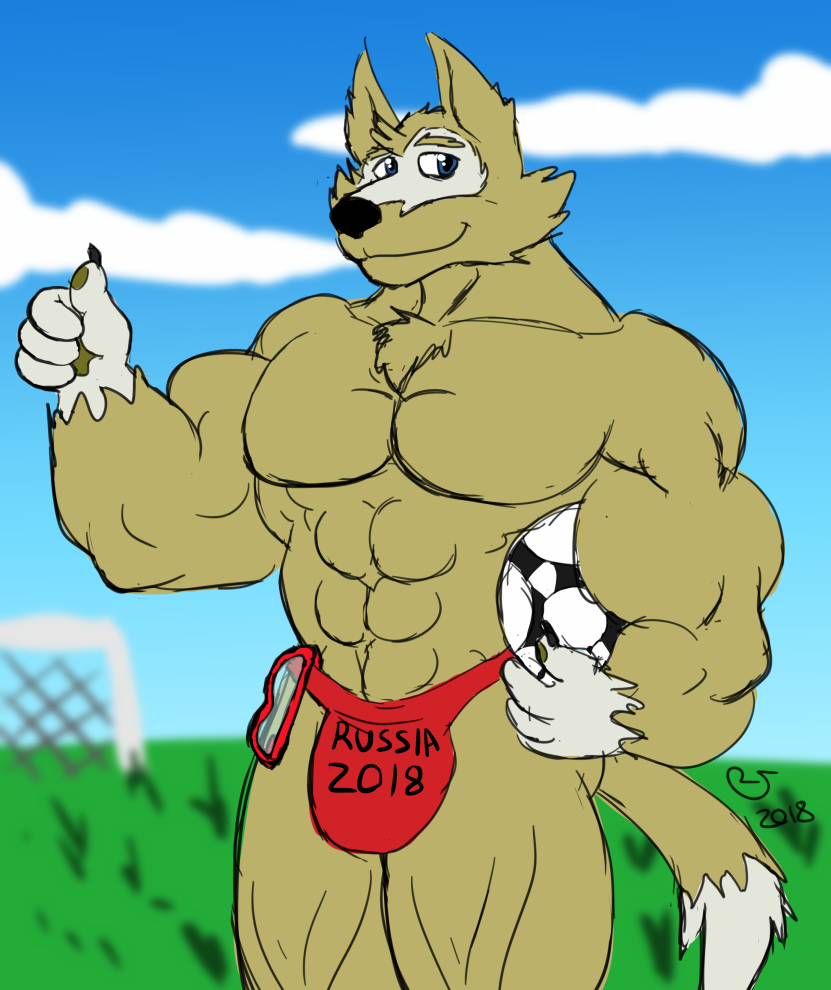 2018 4_fingers anthro ball black_nose canid canine canis caseyljones clothed clothing english_text eyewear fifa fingers fur gesture goggles male mammal mascot multicolored_body multicolored_fur muscular muscular_anthro muscular_male outside red_clothing red_underwear signature simple_background sky soccer_ball solo text text_on_clothing text_on_underwear thumbs_up topless two_tone_body two_tone_fur two_tone_tail underwear wolf zabivaka