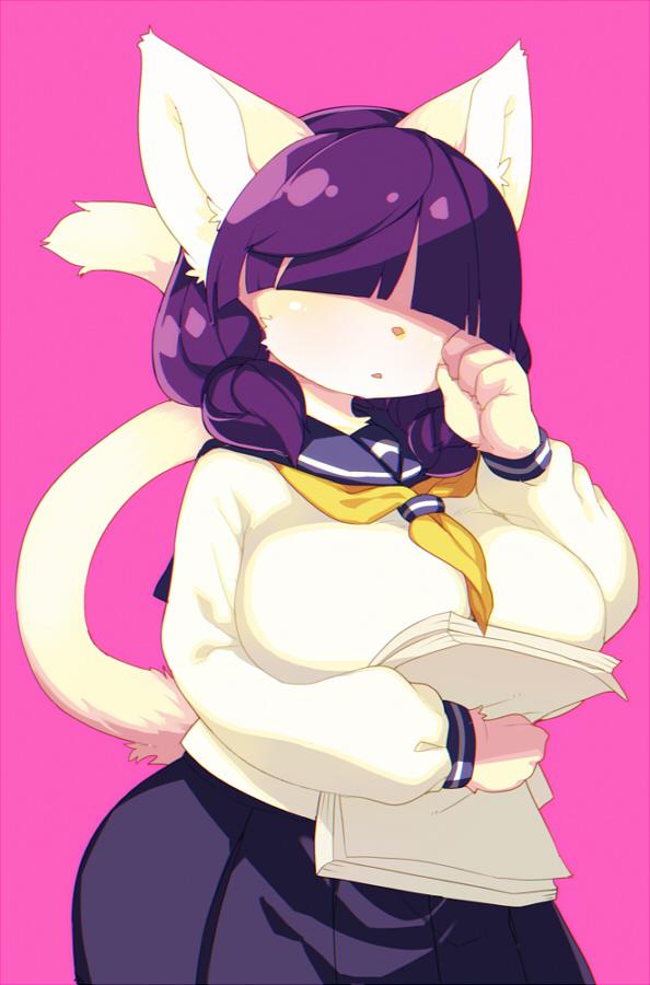 2015 4_fingers big_breasts blush breasts clothed clothing domestic_cat ear_tuft felid feline felis female fingers fully_clothed hair kemono kishibe looking_at_viewer mammal neckerchief paper pink_background purple_hair school_uniform simple_background standing tuft uniform