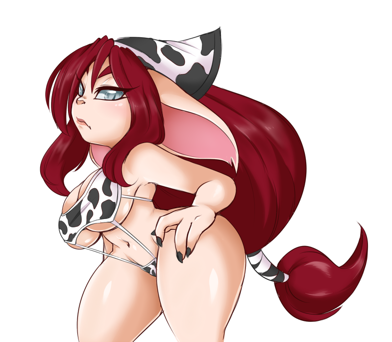alpha_channel animal_print bandlebro big_breasts bikini breasts cleavage clothed clothing cow_print estelle_(bandlebro) female hand_on_hip league_of_legends not_furry riot_games short_stack sling_bikini solo swimwear video_games yordle