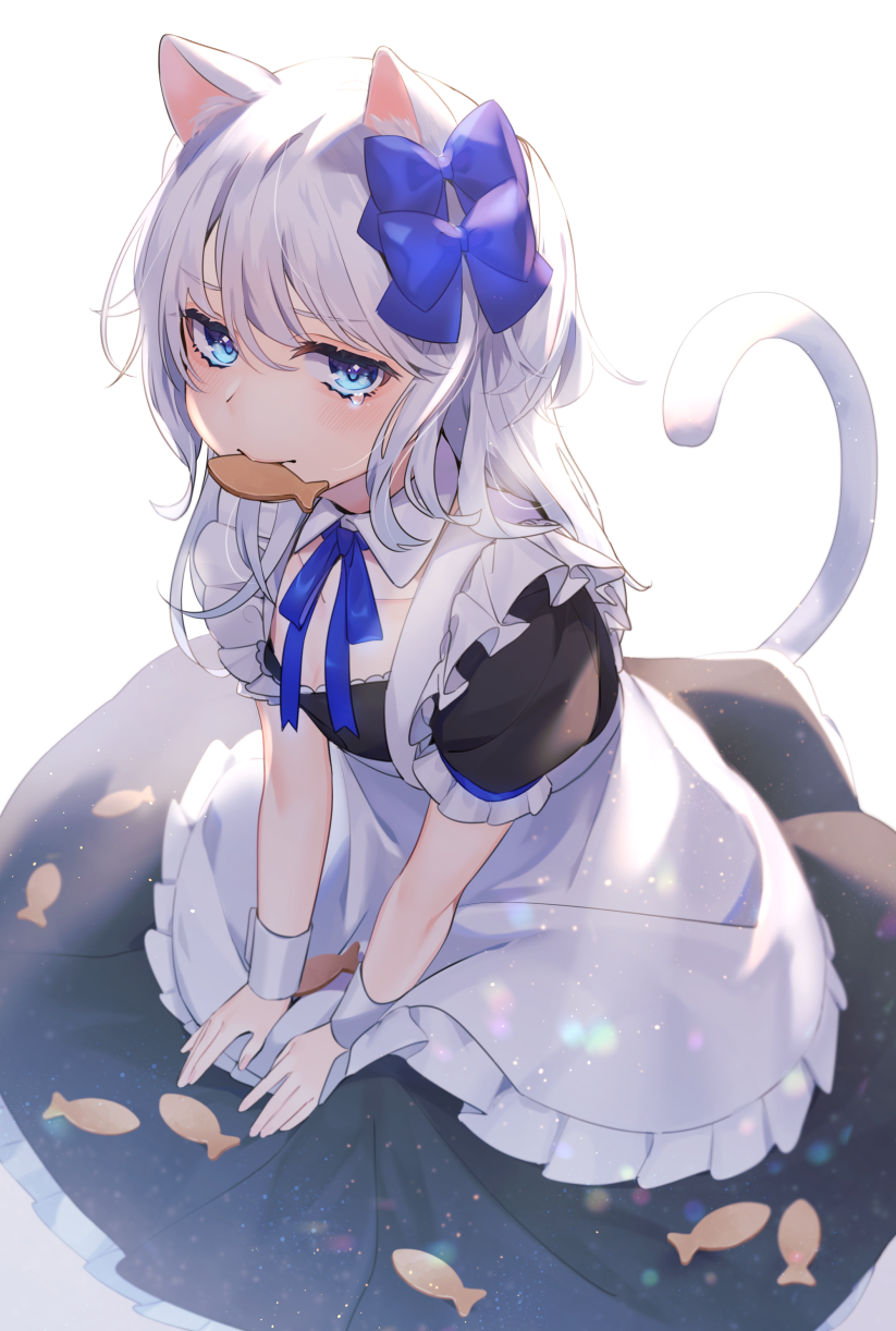 1girl animal_ears apron biscuit_(bread) black_dress blue_bow blue_eyes blue_neckwear blurry blush bokeh bow breasts cat_ears cat_tail closed_mouth collarbone depth_of_field dress dust_particles eyebrows_visible_through_hair frills hair_between_eyes hair_bow highres long_hair looking_at_viewer maid mouth_hold original peta_(snc7) short_sleeves silver_hair simple_background sitting small_breasts solo tail tearing_up v_arms white_apron white_background wrist_cuffs