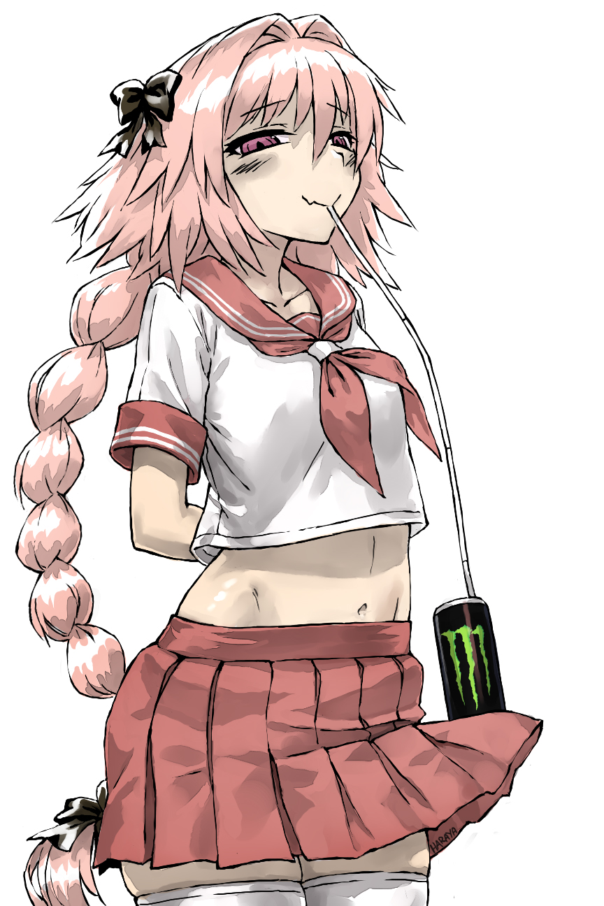 1boy arms_behind_back astolfo_(fate) astolfo_monster_cosplay_(meme) bangs black_bow blush bow braid bulge can collarbone commentary crop_top fang fate/grand_order fate_(series) food grey_background hair_bow hair_intakes hair_ribbon haraya_manawari highres long_braid long_hair looking_at_viewer male_focus midriff monster_energy navel neckerchief otoko_no_ko pink_hair pleated_skirt ribbon school_uniform serafuku shampoo_challenge simple_background single_braid skin_fang skindentation skirt smile soda_can solo thighhighs zettai_ryouiki