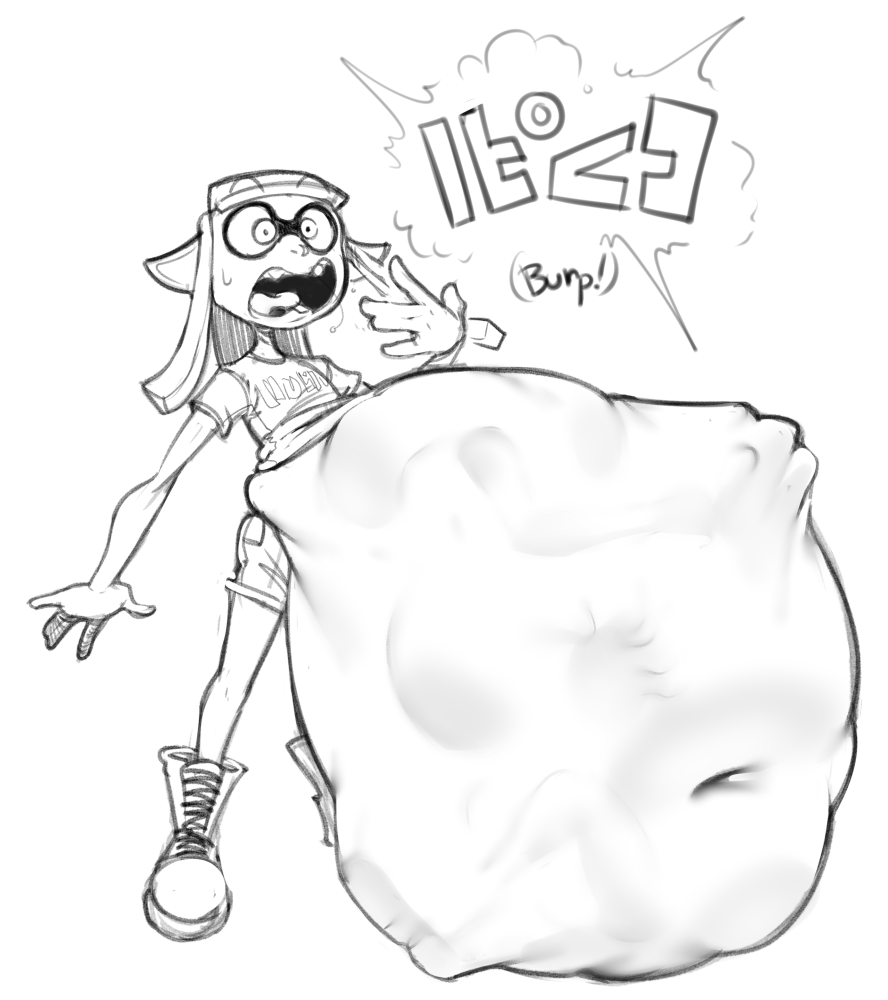 abdominal_bulge after_vore belly big_belly bottomwear burping cephalopod clothing female footwear group humanoid inkling marine mollusk monochrome nintendo overweight shirt shoes shorts simple_background splatoon text topwear verybatty video_games vore white_background