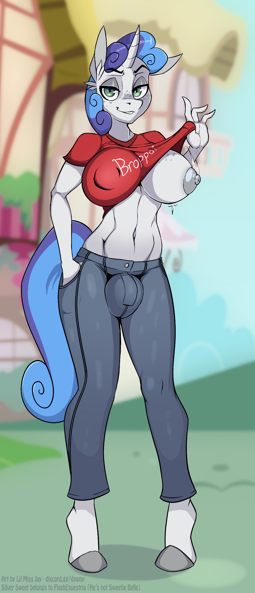bottomwear breasts bulge clothed clothing clothing_lift equid equine fan_character freckles green_eyes gynomorph hasbro hi_res horn intersex jrvanesbroek looking_at_viewer mammal my_little_pony navel pants ponyville shirt shirt_lift solo t-shirt topwear unicorn