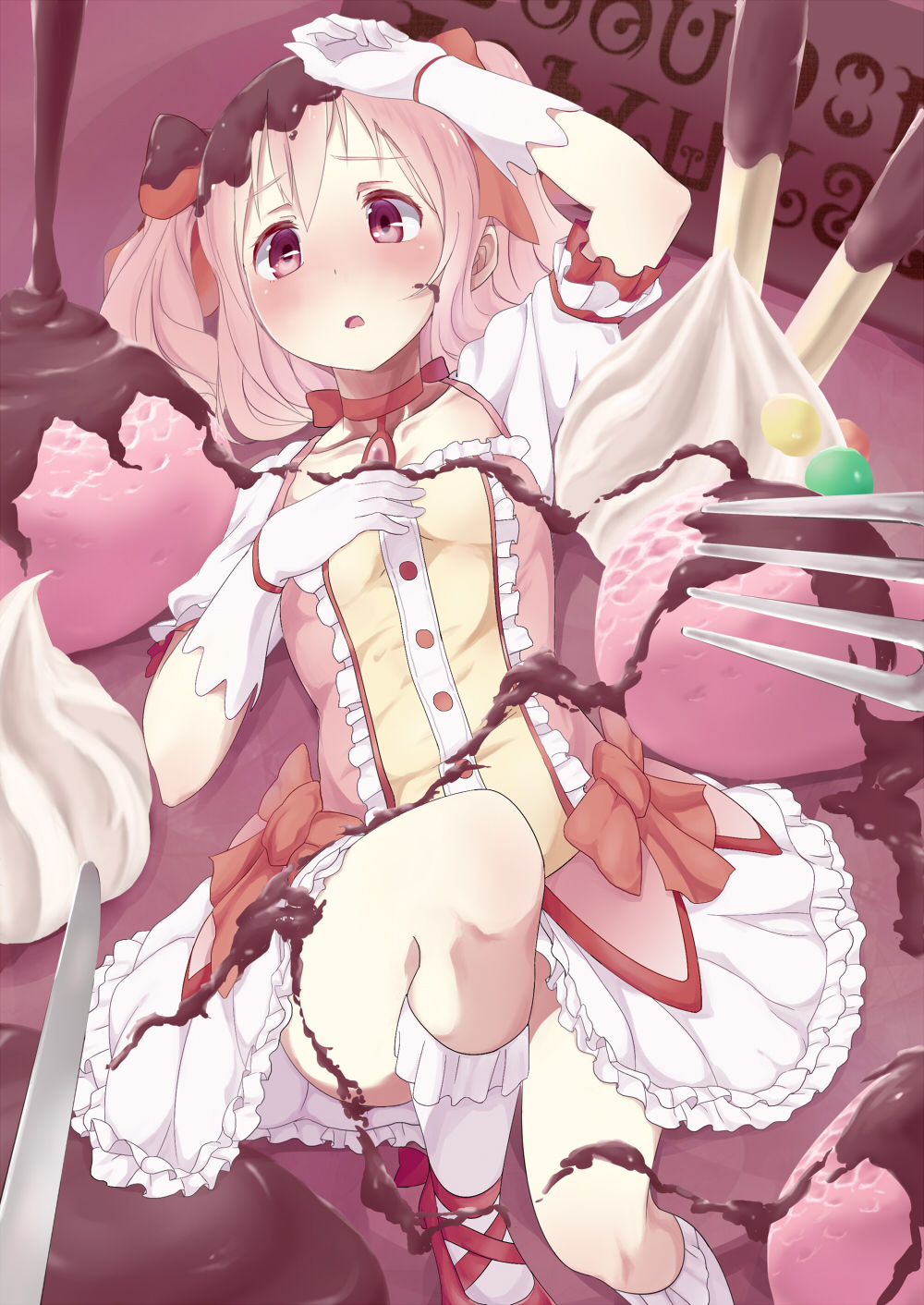1girl :o arm_up blush bow bow_choker butter_knife buttons chocolate chocolate_on_body chocolate_on_legs choker collarbone commentary dress dress_bow food food_on_body fork frilled_dress frilled_sleeves frills from_above fruit gloves hair_bow highres in_food itouchaba kaname_madoka kneehighs knees_up layered_dress looking_at_viewer lying madoka_runes magical_girl mahou_shoujo_madoka_magica minigirl multicolored multicolored_clothes multicolored_dress multiple_hair_bows on_back open_mouth pink_dress pink_eyes pink_hair pocky pov raised_eyebrows red_bow red_choker red_footwear shoes short_sleeves solo strawberry two_side_up whipped_cream white_dress white_gloves white_legwear yellow_dress