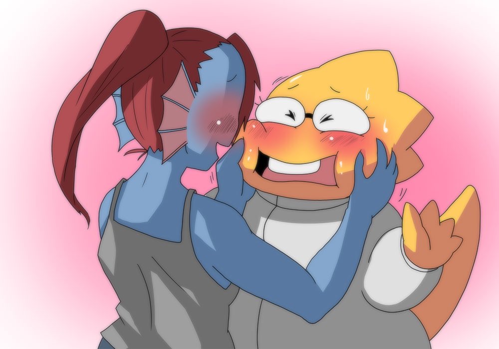 2019 alphys alpi animal_humanoid anthro blue_body blue_skin blush canon_couple clothing duo ear_frill eyewear face_squish female female/female fish fish_humanoid frill_(anatomy) glasses hair humanoid lizard marine marine_humanoid ponytail red_hair reptile romantic_couple scalie shirt squish tank_top topwear undertale undyne video_games yellow_body yellow_skin your_name