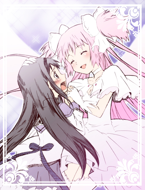 2girls akemi_homura black_hair capelet choker closed_eyes collarbone crying crying_with_eyes_open dress eyebrows_visible_through_hair facing_viewer furrowed_eyebrows gloves grey_capelet hair_ribbon hairband halftone halftone_background hand_on_another's_head happy hikari_(mitsu_honey) holding_hands interlocked_fingers kaname_madoka layered_dress legs_together light_blush long_hair long_sleeves looking_at_another mahou_shoujo_madoka_magica multiple_girls pink_hair purple_background purple_skirt ribbon sad skirt smile sparkle sparkle_background tears thighhighs two_side_up ultimate_madoka very_long_hair wavy_mouth white_choker white_dress white_gloves white_legwear white_ribbon wide_sleeves wings zettai_ryouiki