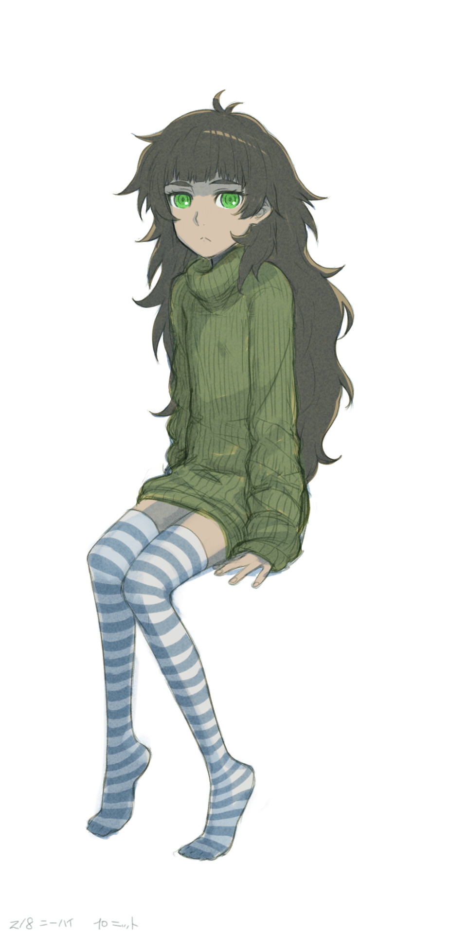 1girl ahoge arm_support bangs blue_legwear blunt_bangs brown_hair dated faux_traditional_media flat_chest frown full_body green_eyes green_sweater highres hiyajou_maho invisible_chair long_hair long_sleeves looking_at_viewer menomorute messy_hair oversized_clothes oversized_shirt ringed_eyes shirt sidelocks simple_background sitting solo steins;gate steins;gate_0 striped striped_legwear sweater thighhighs turtleneck very_long_hair white_background zettai_ryouiki