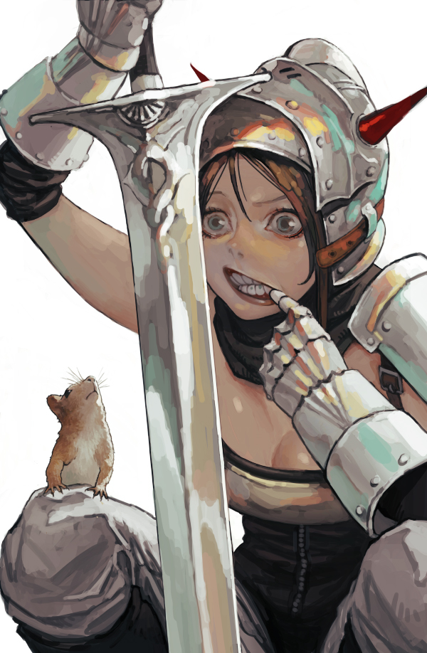 1girl animal armor black_leotard blue_eyes breastplate breasts brown_hair cleavage clenched_teeth coif english_commentary finger_in_mouth gauntlets helmet holding holding_sword holding_weapon horned_helmet horns knight kyoung_hwan_kim leotard looking_at_mirror medium_breasts mirror original planted_sword planted_weapon red_horns short_hair shoulder_armor solo squirrel sword teeth weapon white_background