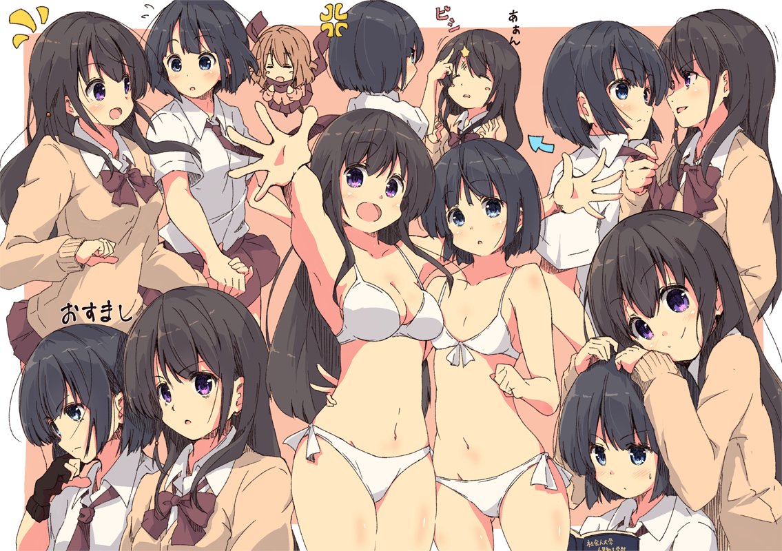 3girls :o achiga_school_uniform anger_vein arm_around_waist arrow_(symbol) bangs bikini black_eyes black_gloves black_hair blunt_ends blush_stickers bob_cut book bow bowling_glove bowtie breasts brown_hair chibi cleavage closed_eyes closed_mouth dress_shirt eyebrows_visible_through_hair flick flying_sweatdrops front-tie_bikini front-tie_top frown gloves hands_on_another's_head holding_hands light_frown long_hair long_sleeves matsumi_kuro matsumi_yuu medium_breasts miniskirt motion_lines multiple_girls multiple_views navel necktie necktie_grab neckwear_grab notice_lines open_mouth outline outside_border outstretched_arms pink_background pleated_skirt purple_eyes reading red_neckwear red_scarf red_skirt sagimori_arata saki saki_achiga-hen scarf school_uniform shirt short_hair short_sleeves siblings side-tie_bikini sisters sitting skirt small_breasts smile spread_arms standing sweatdrop sweater swimsuit tom_q_(tomtoq) translated v-neck white_bikini white_outline white_shirt wing_collar yellow_sweater yuri