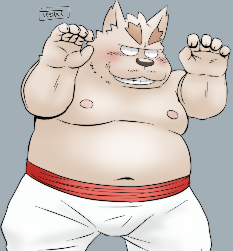 2021 anthro belly blush brown_body brown_fur canid canine canis domestic_dog fur humanoid_hands kemono male mammal moobs navel nipples overweight overweight_male solo toshi_(artist)