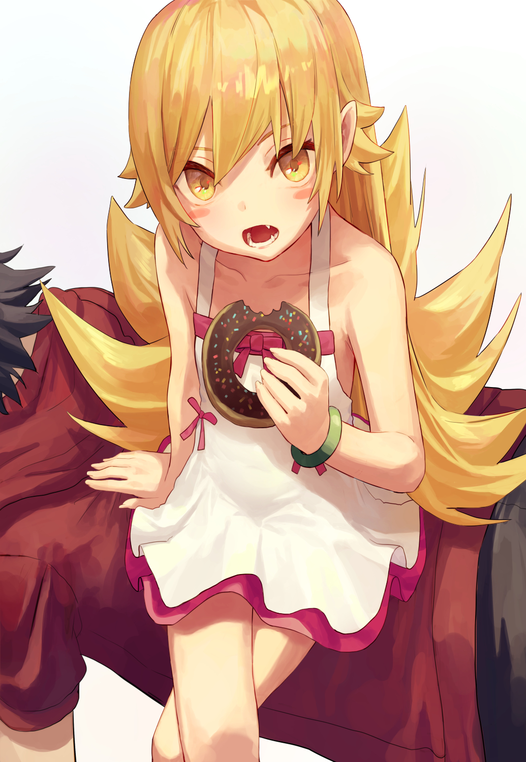 1boy 1girl 7aehyun araragi_koyomi blonde_hair blush_stickers bracelet collarbone doughnut dress duplicate fangs food highres holding holding_food jewelry long_hair monogatari_(series) open_mouth oshino_shinobu sitting sitting_on_person sleeveless sleeveless_dress teeth white_dress yellow_eyes