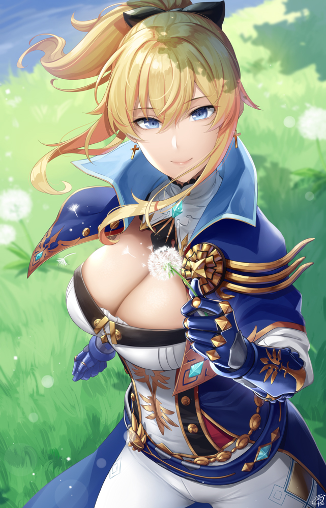 1girl bangs belt black_bow blonde_hair blue_capelet blush bow breasts capelet cleavage cross cross_earrings dandelion earrings flower gauntlets genshin_impact hair_bow jean_gunnhildr_(genshin_impact) jewelry large_breasts long_hair looking_at_viewer multicolored_capelet okitakung pants ponytail sidelocks smile tight tight_pants white_pants