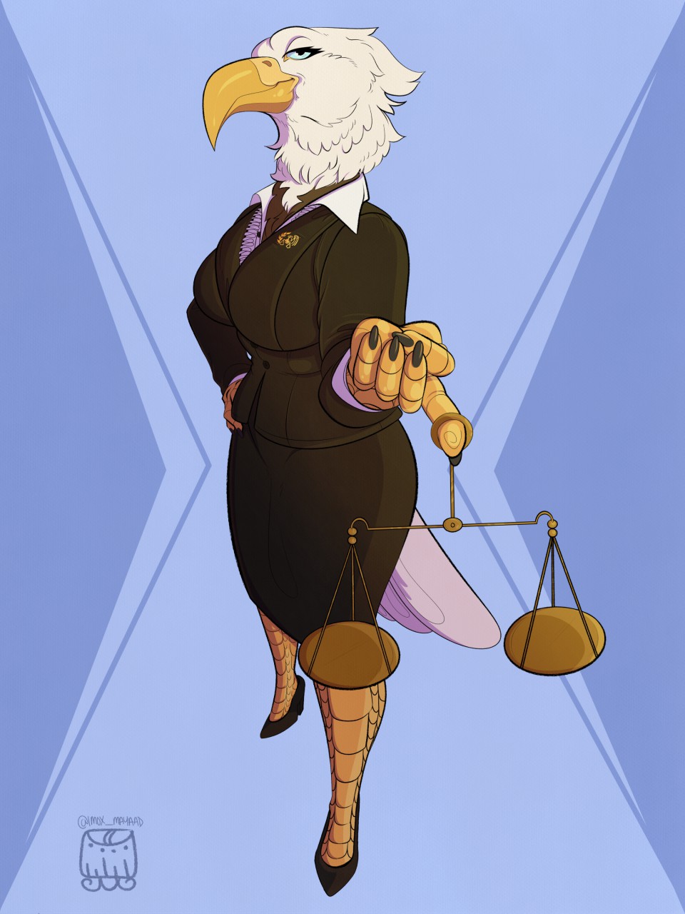 3:4 accipitrid accipitriform anthro avian bald_eagle beak bird bird_feet blue_eyes breasts business_suit clothed clothing curved eagle eliotak eyelashes feathers female footwear fully_clothed half-closed_eyes hi_res high_heels nails narrowed_eyes non-mammal_breasts scale sea_eagle shoes solo standing suit tail_feathers white_body white_feathers