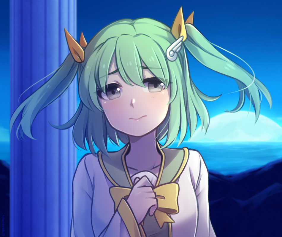 1girl bangs collarbone commentary english_commentary eyebrows_visible_through_hair eyes_visible_through_hair green_eyes grey_eyes hair_ornament hair_ribbon hairclip hand_on_own_chest horizon long_sleeves looking_at_viewer night pillar rabi-ribi ribbon sad saya_(rabi_ribi) short_hair solo speckticuls twintails upper_body wing_hair_ornament yellow_ribbon