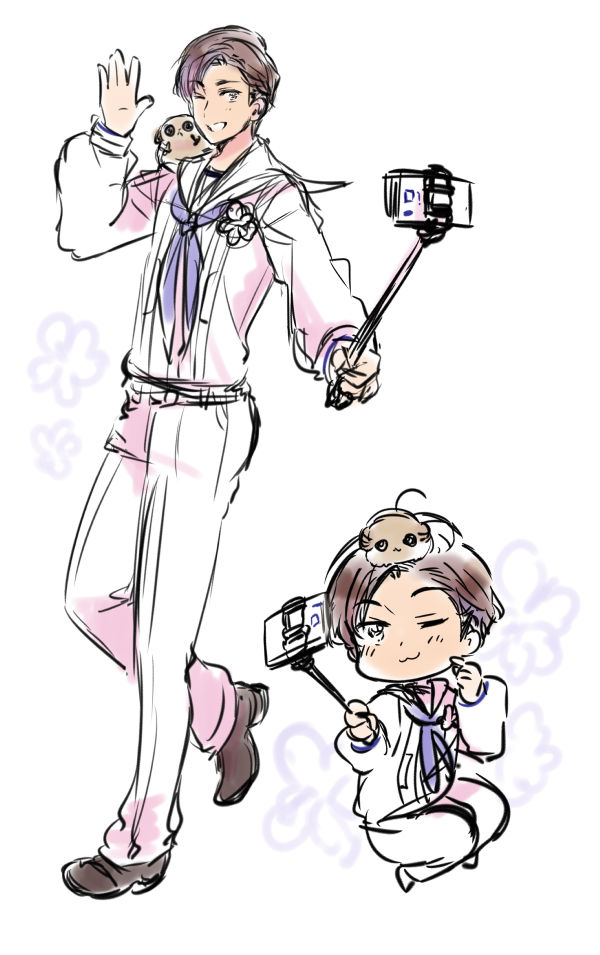 1boy 3: animal_on_head axis_powers_hetalia brown_hair cellphone chibi dark_skin flower himaruya_hidekazu official_art on_head one_eye_closed pants philippines_(hetalia) phone sailor_collar scarf selfie_stick shirt smile tarsier white_background white_pants white_shirt