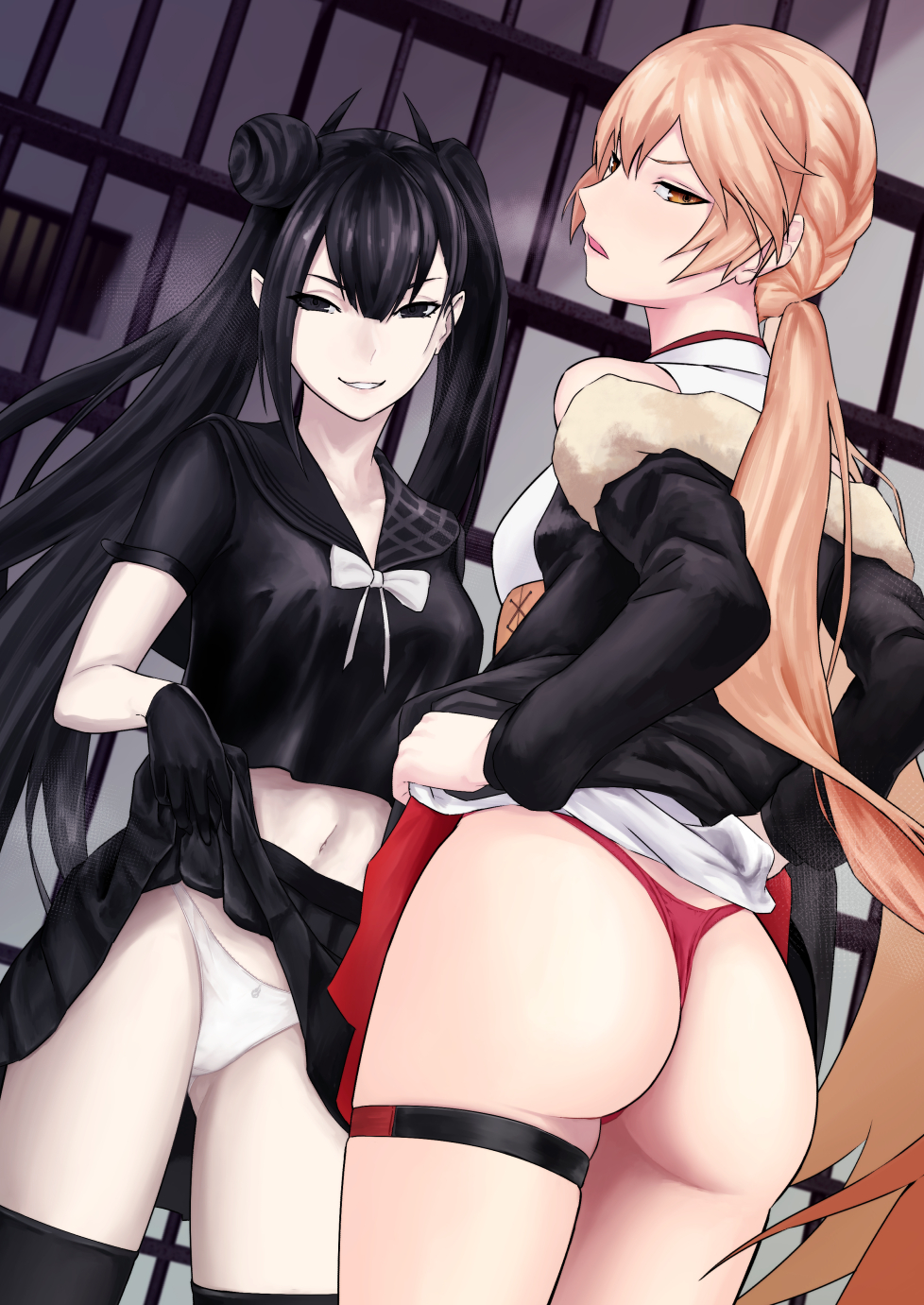 2girls ass back black_eyes black_hair black_jacket black_legwear black_shirt black_skirt blonde_hair bow bowtie braid breasts dress dress_lift eyebrows_visible_through_hair girls_frontline hair_bun highres jacket jacket_on_shoulders lifted_by_self long_hair looking_at_viewer looking_back medium_breasts mizukamakiri multiple_girls navel open_mouth ots-14_(girls_frontline) ouroboros_(girls_frontline) panties ponytail red_panties shirt skirt skirt_lift smile standing thighhighs thighs twintails underwear white_dress white_neckwear white_panties yellow_eyes