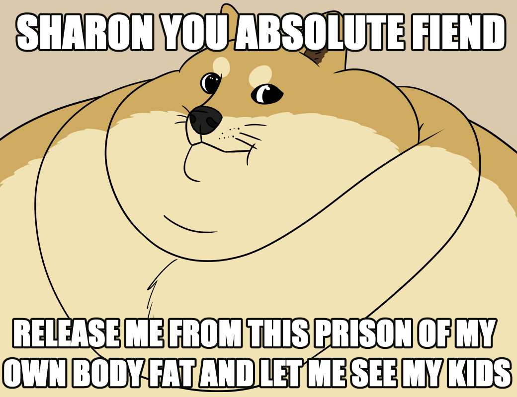 2019 ambiguous_gender black_nose canid canine canis chest_tuft chubby_cheeks dewlap_(anatomy) digital_drawing_(artwork) digital_media_(artwork) doge domestic_dog double_chin english_text feral fur looking_at_viewer mammal meme morbidly_obese obese overweight portrait shiba_inu simple_background solo spicy_wahtte spitz text tuft