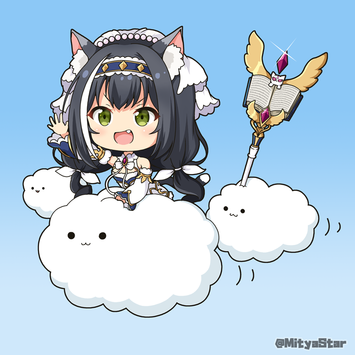 1girl :3 :d animal_ear_fluff animal_ears bangs black_hair blue_background book cat_ears cat_girl cat_tail cloud commentary_request detached_sleeves dress eyebrows_visible_through_hair fang gem glint gradient gradient_background green_eyes hair_ribbon karyl_(princess_connect!) long_hair long_sleeves low_twintails miicha open_book open_mouth outstretched_arm parted_lips princess_connect! princess_connect!_re:dive puffy_long_sleeves puffy_sleeves ribbon smile solid_circle_eyes solo staff tail twintails twitter_username v-shaped_eyebrows very_long_hair white_dress white_ribbon white_sleeves