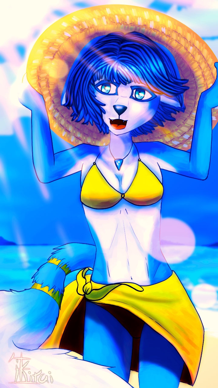 2021 anthro bare_shoulders beach bikini biped black_nose blue_body blue_eyes blue_fur blue_hair breasts canid canine cleavage clothed clothing detailed_background dipstick_tail ears_down female fluffy fluffy_tail fox fur gem hair happy hi_res ikitai inner_ear_fluff jewelry krystal mammal multicolored_body multicolored_fur multicolored_tail navel necklace nintendo open_mouth outside pivoted_ears sand sea seaside signature sky smile solo star_fox sun_hat sunny swimwear tailband tuft two_tone_body two_tone_fur video_games water white_body white_fur yellow_bikini yellow_clothing yellow_swimwear