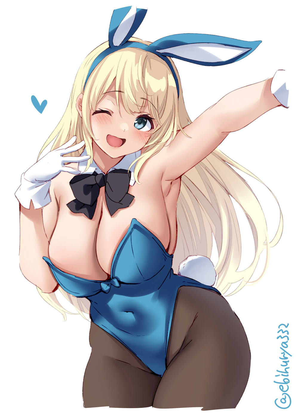 1girl animal_ears arm_up armpits atago_(kancolle) bare_shoulders blonde_hair blue_eyes blush bow bowtie breasts bunny_ears bunny_girl bunny_tail cleavage cowboy_shot ebifurya gloves highres kantai_collection large_breasts long_hair looking_at_viewer one_eye_closed open_mouth outstretched_arm pantyhose smile solo tail twitter_username white_background white_gloves