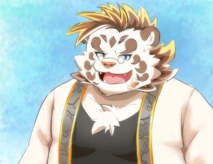 2021 anthro clothing eyewear felid fur glasses kemono licho_(tas) male mammal overweight overweight_male pantherine shirt solo tiger tiger_cub tokyo_afterschool_summoners topwear video_games white_body white_fur