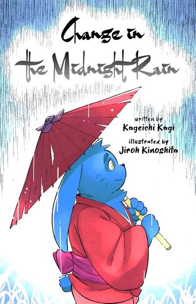 2021 anthro biped blue_body blue_fur clothed clothing english_text fur humanoid_hands kemono kinoshita-jiroh lagomorph leporid mammal rabbit raining solo text umbrella