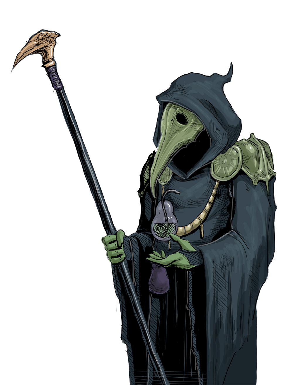 2015 animal_mask anthro armor avian beak beak_mask cloak clothing detailed food fruit green_beak green_body green_skin headgear hi_res hood hoodie knight long_beak looking_down male mask menaslg pear plague_doctor plague_knight plant potion pouch_(anatomy) pouch_purse shoulder_guards shovel_knight simple_background solo soulless_eyes staff standing topwear video_games warrior white_background yacht_club_games