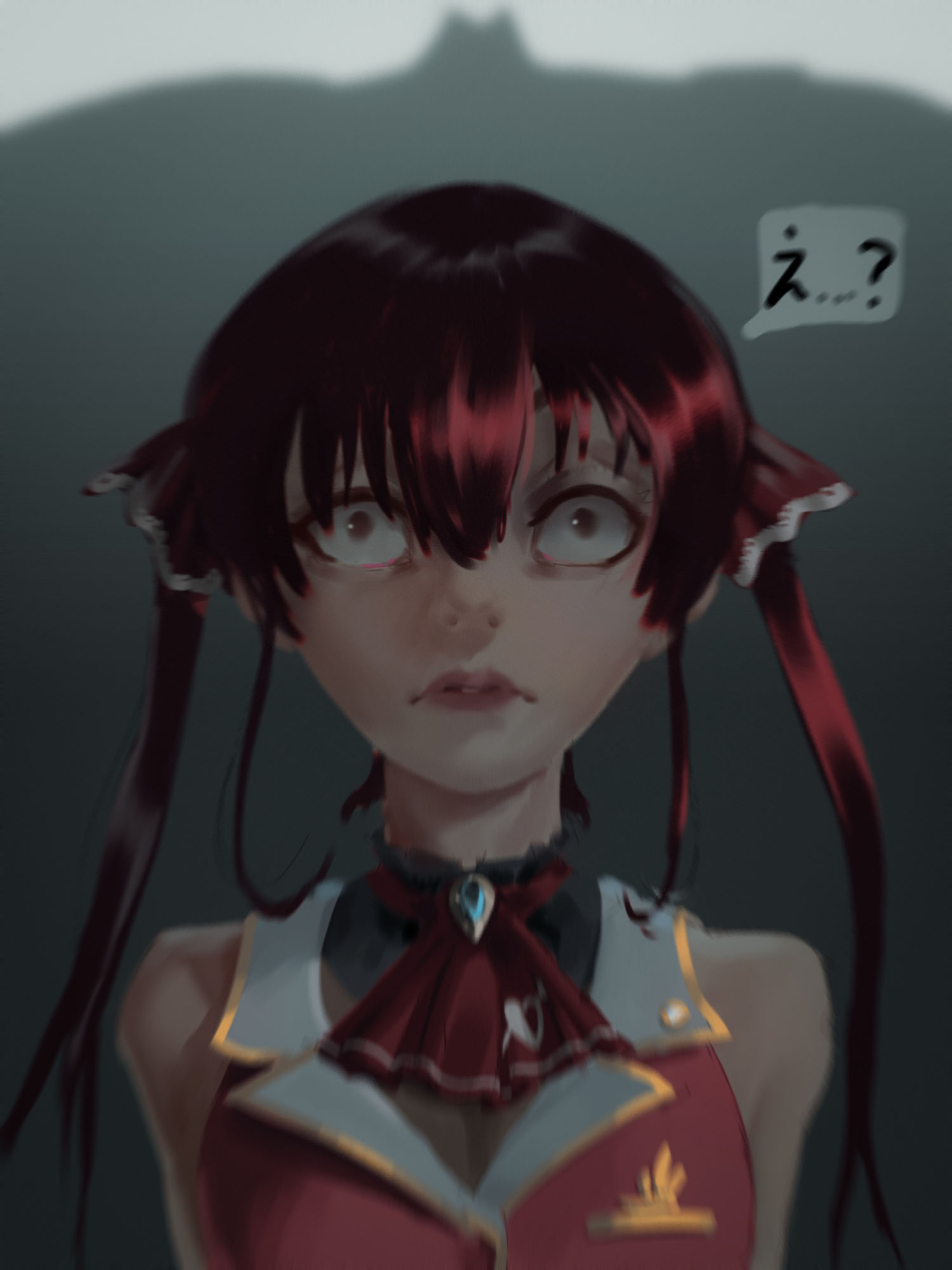 1girl arms_behind_back ascot bangs breasts chmyxo crossover english_commentary eyebrows_behind_hair face greater_dog highres hololive horrified houshou_marine looking_up medium_breasts red_eyes red_neckwear shadow solo speech_bubble translated twintails undertale virtual_youtuber wide-eyed