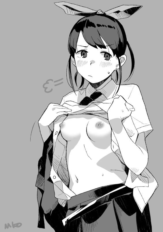 1girl =3 bangs banned_artist blush breasts c2_kikan closed_mouth ear_piercing eyebrows_visible_through_hair greyscale hair_ribbon lifted_by_self makio_(makiomeigenbot) medium_breasts monochrome necktie piercing re-ka-chan ribbon shirt_lift short_sleeves signature simple_background skirt solo sweat