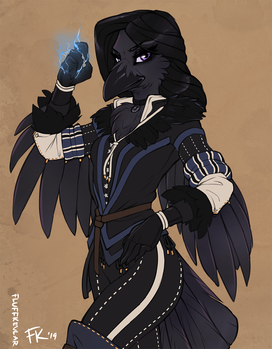 2019 anthro anthrofied avian beak bird black_body black_feathers black_hair breasts chest_tuft clothed clothing corvid corvus_(genus) feathered_arms feathers female fluff-kevlar hair hand_on_hip jewelry looking_at_viewer magic medieval_clothing necklace non-mammal_breasts oscine passerine purple_eyes raven simple_background solo tail_feathers the_witcher tuft yennefer_of_vengerberg