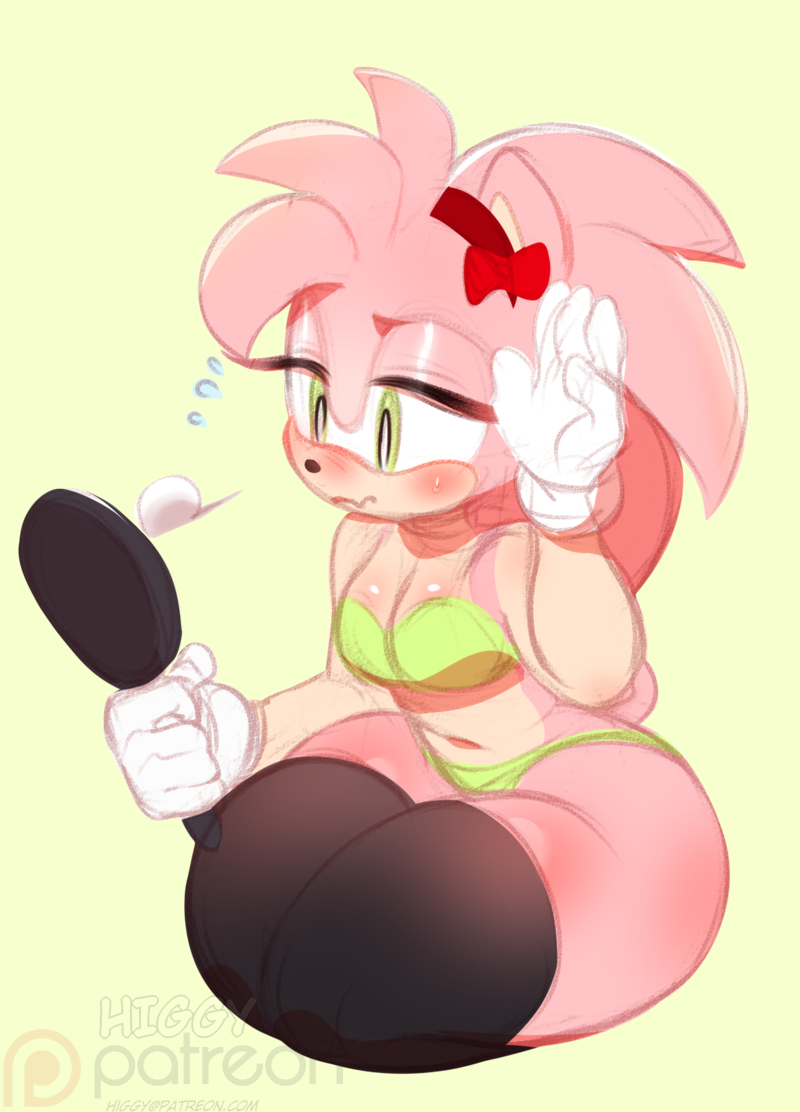 accessory amy_rose anthro blush bra breasts clothing female gloves hair_accessory hair_bow hair_ribbon handwear higgyy legwear midriff mirror navel panties ribbons solo sonic_the_hedgehog_(series) thick_thighs thigh_highs underwear