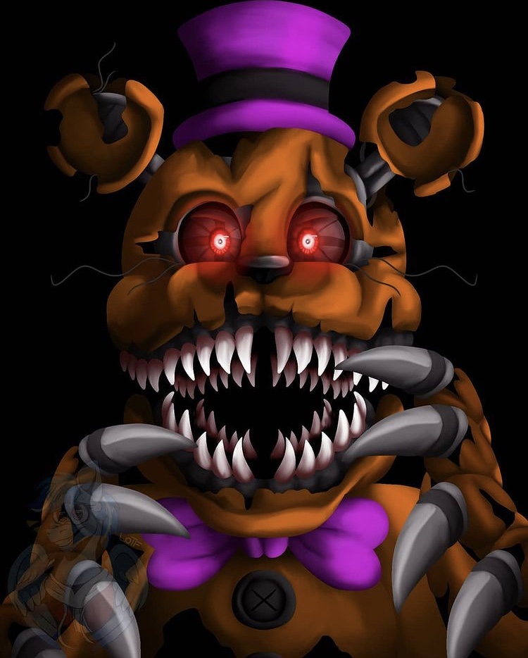 2020 angry animatronic anthro bow_tie button_(fastener) claws clothing five_nights_at_freddy's five_nights_at_freddy's_4 hat headgear headwear looking_at_viewer lordofthefeathers machine male mammal nightmare_fredbear_(fnaf) open_mouth red_eyes robot sharp_claws sharp_teeth solo teeth ursid ursine video_games watermark wire