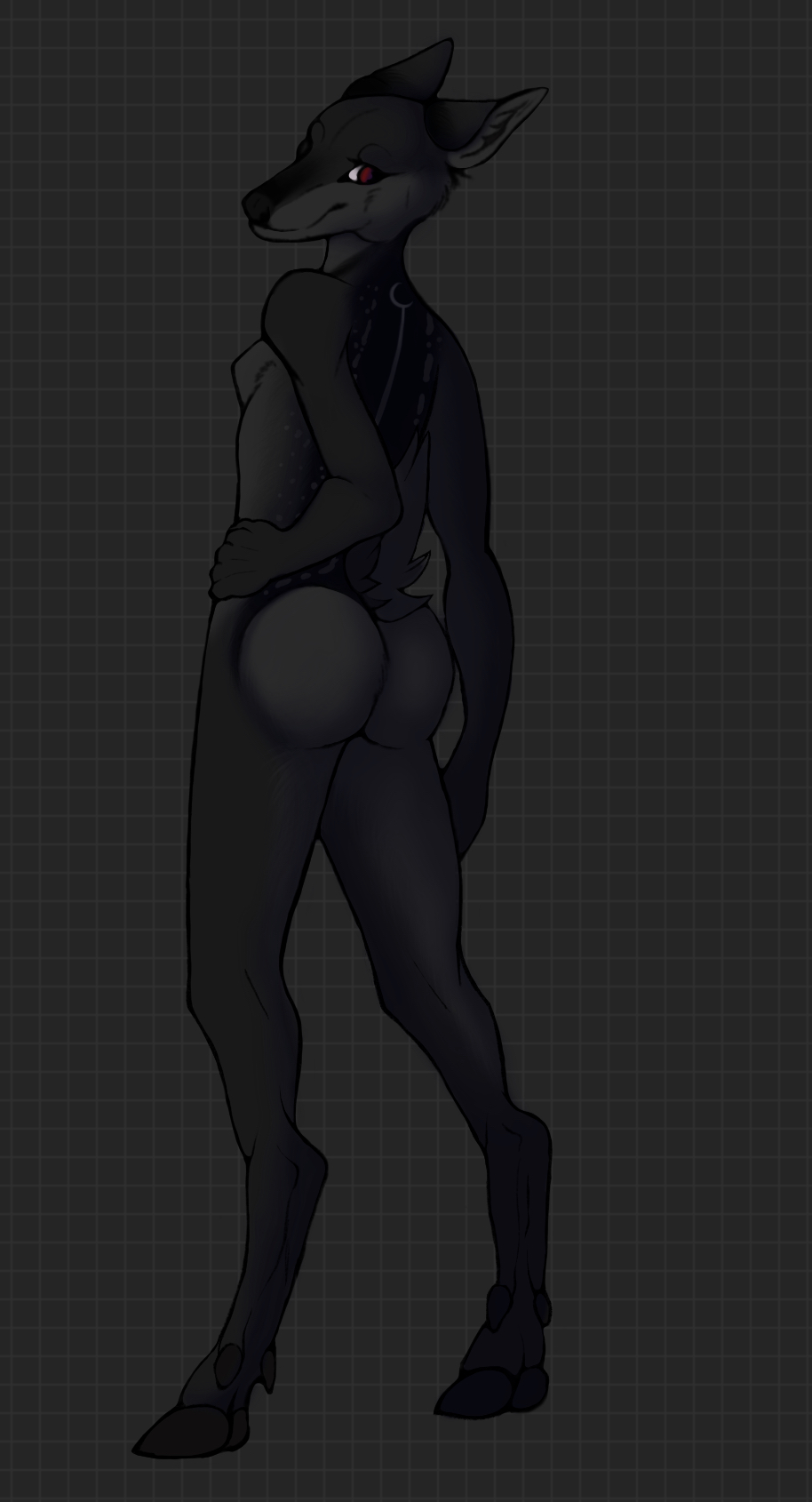 anthro black_body butt cervid colored crowsfire female hi_res hooves looking_at_viewer mammal nude raised_tail rear_view red_eyes shadings skinny slim smile solo standing updated young