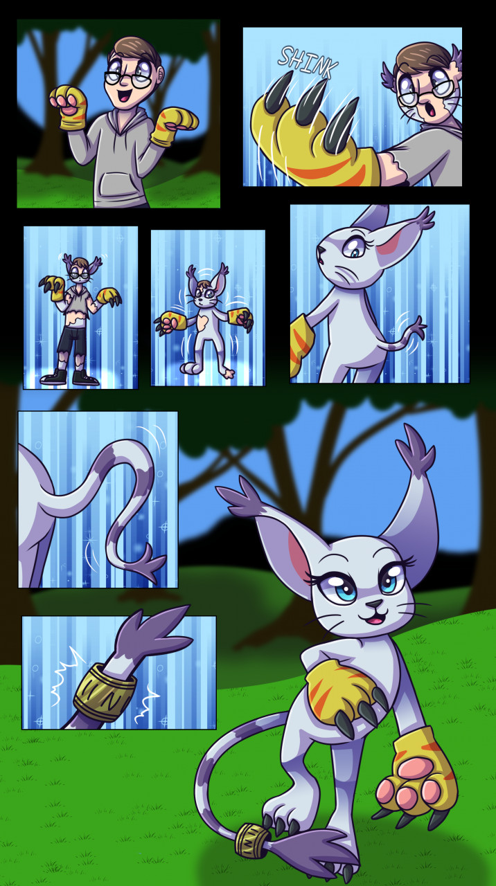 ambiguous_gender blue_eyes clothing comic detailed_background digimon digimon_(species) gatomon gloves growth handwear hi_res human_to_anthro shrinking sinligereep size_transformation solo species_transformation tail_growth transformation