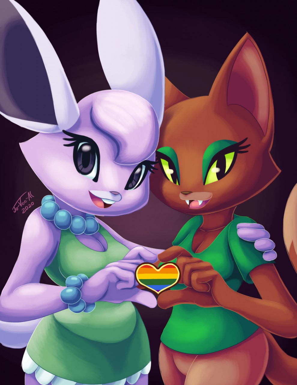 &lt;3 anthro bunny_(courage_the_cowardly_dog) cartoon_network clothed clothing courage_the_cowardly_dog domestic_cat duo felid feline felis female female/female hi_res jewelry kitty_(courage_the_cowardly_dog) lagomorph leporid lgbt_pride looking_at_viewer mammal necklace pride_colors rabbit