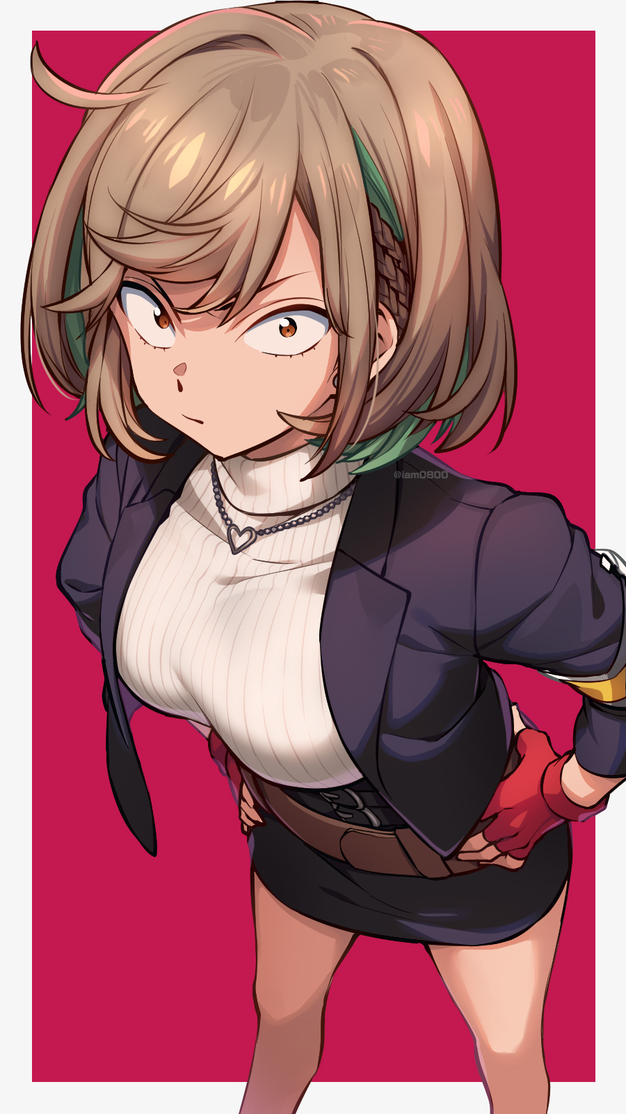 1girl ahoge bangs banned_artist belt black_belt black_jacket black_skirt border braid breasts brown_eyes brown_hair closed_mouth commentary_request fingerless_gloves gloves green_hair hands_on_hips heart heart_necklace highres hinata_(kemono_jihen) jacket jewelry kemono_jihen large_breasts looking_at_viewer multicolored_hair necklace open_clothes open_jacket outside_border pencil_skirt red_background red_gloves ribbed_sweater sayshownen shiny shiny_hair short_hair simple_background skirt solo standing streaked_hair sweater turtleneck turtleneck_sweater twitter_username watermark white_border white_sweater