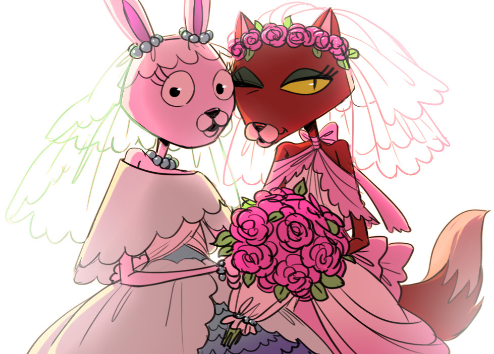 anthro bouquet bunny_(courage_the_cowardly_dog) c2ndy2c1d cartoon_network clothing courage_the_cowardly_dog domestic_cat dress felid feline felis female female/female flower flower_crown kitty_(courage_the_cowardly_dog) lagomorph leporid mammal one_eye_closed pink_body plant rabbit red_body rose_(flower) simple_background wedding wedding_dress white_background yellow_sclera