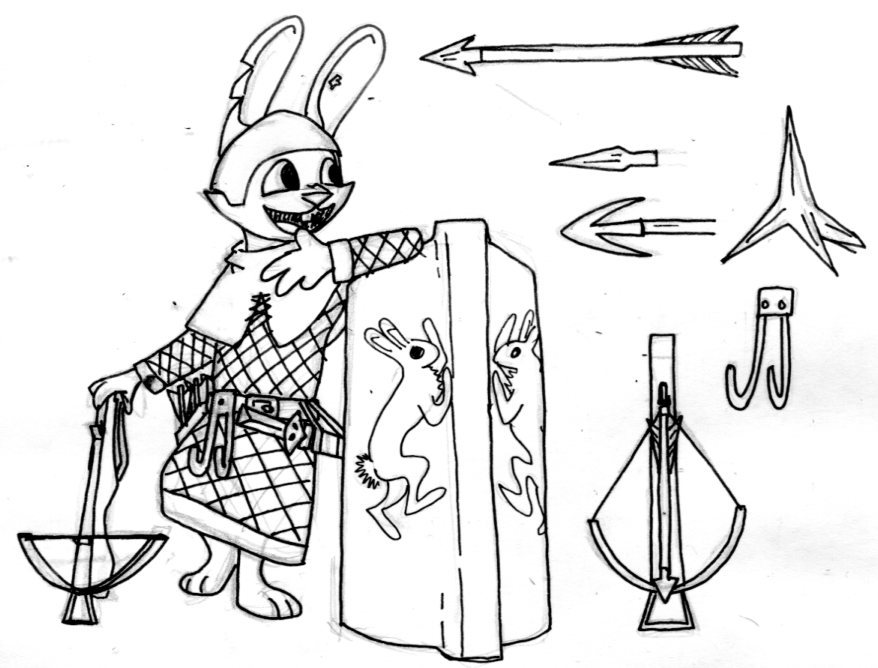 2016 3_toes 4_fingers anthro armor arrow arrowhead belt black_and_white buckteeth caltrop caltrops cheek_tuft coat_of_arms crest_(heraldry) crossbow crossbow_bolts facial_tuft feet feral fingers fur gambeson headgear helm_(armor) helmet heraldry holding_crossbow holding_object holding_weapon lagomorph leporid male mammal medieval medieval_shield melee_weapon monochrome notched_ear open_mouth open_smile rabbit ranged_weapon scabbard scut_tail sheathed_sword shield simple_background smile solo spiff sword symbol teeth toes traditional_media_(artwork) tuft weapon white_background white_body white_fur