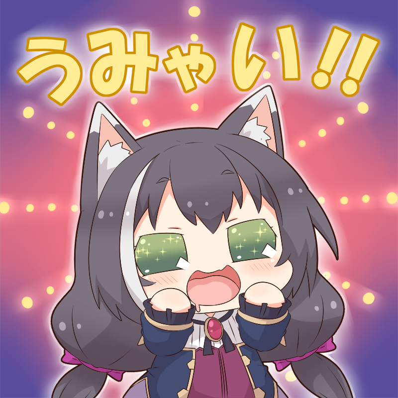 1girl animal_ear_fluff animal_ears bangs black_hair blush cat_ears cat_girl eyebrows_visible_through_hair green_eyes karyl_(princess_connect!) long_hair low_twintails multicolored_hair nerunerunerune open_mouth princess_connect! princess_connect!_re:dive solo streaked_hair translation_request twintails white_hair yuureidoushi_(yuurei6214)