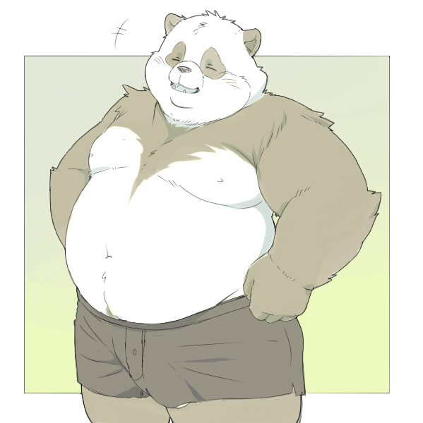 2021 anthro barely_visible_genitalia barely_visible_penis belly black_body black_fur blush clothing eyes_closed fur genitals giant_panda humanoid_hands inunoshippo kemono male mammal moobs nipples overweight overweight_anthro overweight_male penis solo underwear ursid white_body white_fur