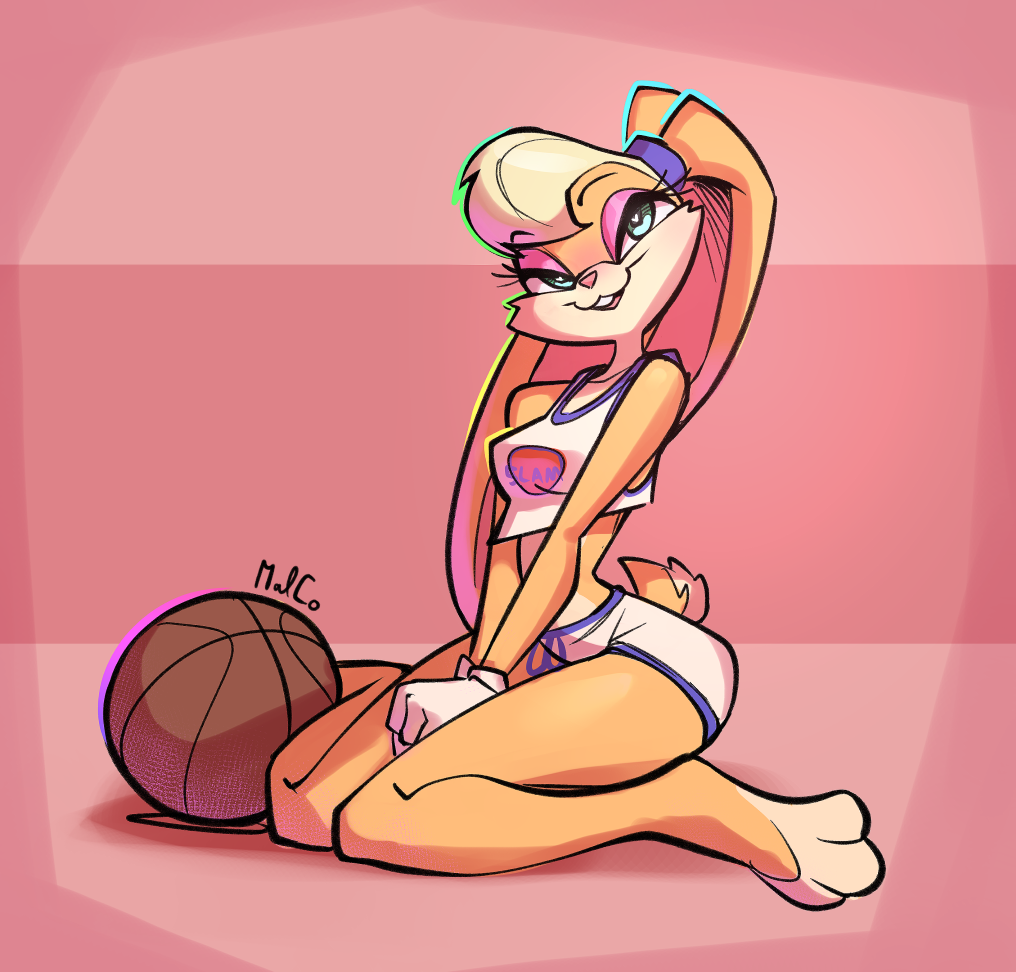 anthro ball basketball basketball_(ball) blonde_hair blue_eyes clothed clothing female fur hair half-closed_eyes kneeling lagomorph leporid lola_bunny looking_at_viewer looney_tunes malcontentus mammal narrowed_eyes rabbit signature solo space_jam warner_brothers