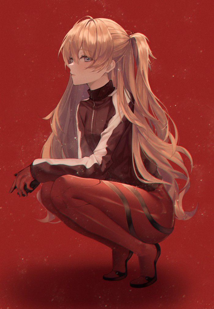 1girl banned_artist bodysuit brown_jacket closed_mouth expressionless full_body grey_eyes hinaki_(hinaki_0102) jacket long_hair long_sleeves looking_at_viewer neon_genesis_evangelion one_side_up orange_hair own_hands_together plugsuit red_background red_bodysuit simple_background solo souryuu_asuka_langley squatting track_jacket very_long_hair