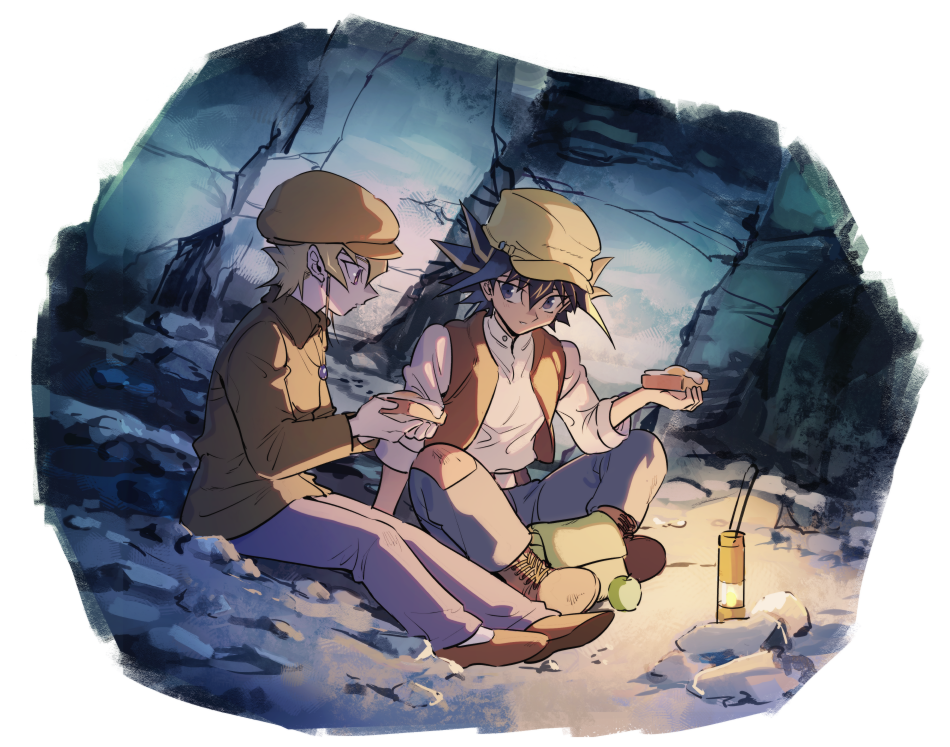 2boys apple bangs black_hair blonde_hair blue_eyes blue_pants boots brown_footwear brown_headwear brown_vest cabbie_hat closed_mouth collared_shirt commentary_request cosplay cross-laced_footwear flat_cap food fried_egg fried_egg_on_toast fruit fudou_yuusei full_body green_apple hair_between_eyes hat indian_style jack_atlas jewelry lantern long_sleeves looking_at_another looking_to_the_side male_focus multiple_boys necklace open_mouth pants parody pazu pazu_(cosplay) purple_eyes rock sheeta sheeta_(cosplay) shirt shoes short_hair short_sleeves sitting spiked_hair stream tenkuu_no_shiro_laputa toast torinomaruyaki underground vest white_shirt yu-gi-oh! yu-gi-oh!_5d's