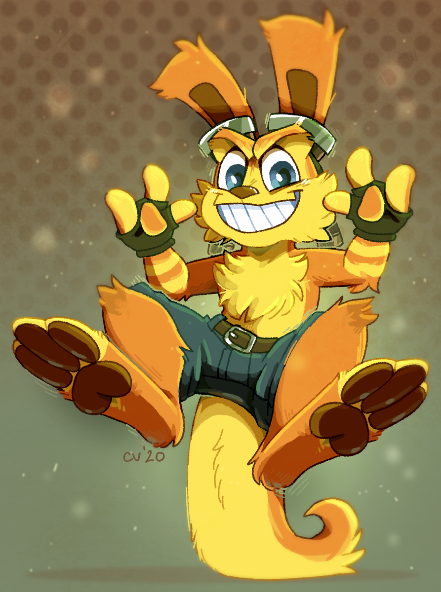 clothed clothing crownedvictory daxter eyewear goggles hi_res jak_and_daxter male naughty_dog patreon simple_background smile solo sony_corporation sony_interactive_entertainment stippling tagme video_games