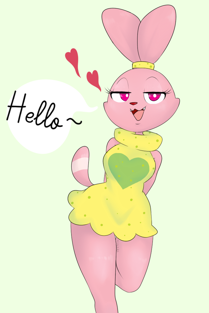 &lt;3 anthro bedroom_eyes breasts cartoon_network chowder_(series) clothed clothing dialogue english_text felid female fur green_background hands_behind_back jewelcharmer lagomorph leporid looking_at_viewer mammal narrowed_eyes open_mouth panini_(chowder) pink_body pink_eyes pink_fur rabbit raised_leg seductive simple_background smile solo standing teeth text thick_thighs tongue wide_hips