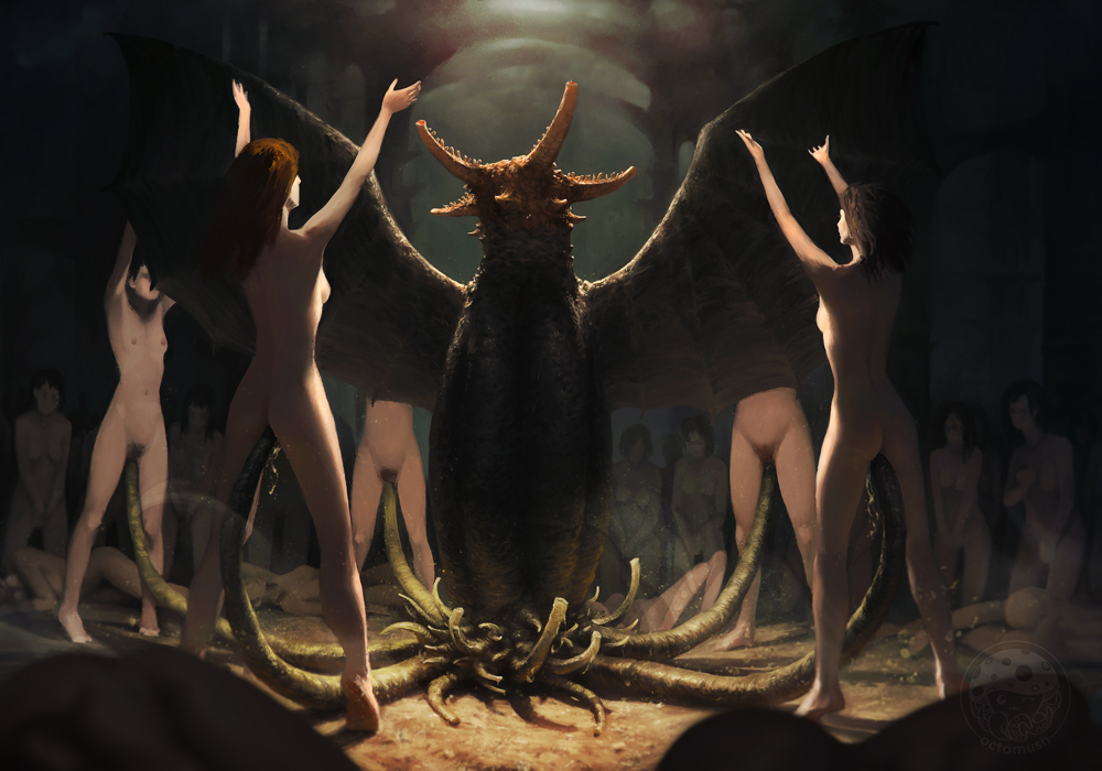 ambiguous_gender breasts cthulhu_mythos elder_thing female green_body group h.p._lovecraft human humanoid mammal mushroompus nude octomush penetration small_breasts standing_on_toes tentacle_penetration tentacles vaginal vaginal_penetration wings worship