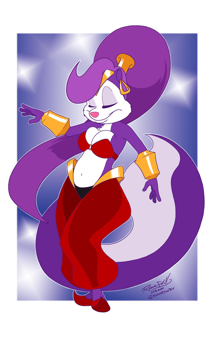 2021 anthro big_breasts breasts clothed clothing eyes_closed female fifi_la_fume fur hair harem_clothing mammal mephitid midriff navel purple_body purple_fur purple_hair razorfox shantae shantae_(series) signature skunk solo tiny_toon_adventures video_games warner_brothers wayforward