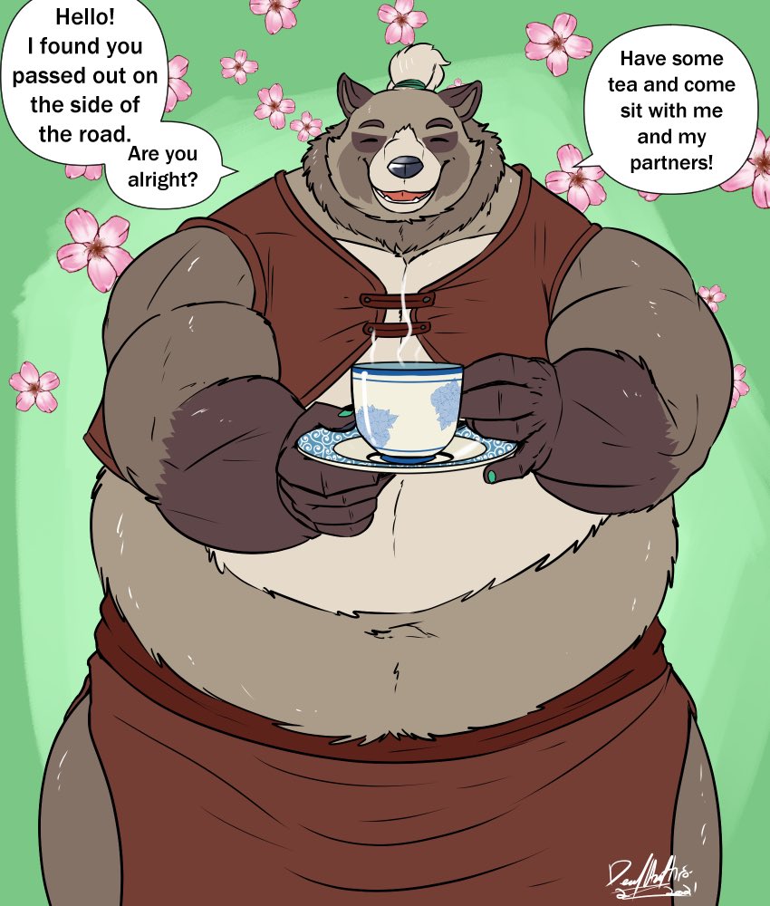 2021 anthro canid canine clothed clothing deadanthro english_text eyes_closed green_background humanoid_hands kemono male mammal overweight overweight_anthro overweight_male raccoon_dog simple_background solo tanuki text